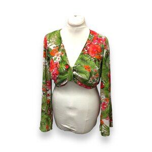 Gianni Bini Womens Tropical Floral Long Sleeve Deep V Cropped Blouse Size M